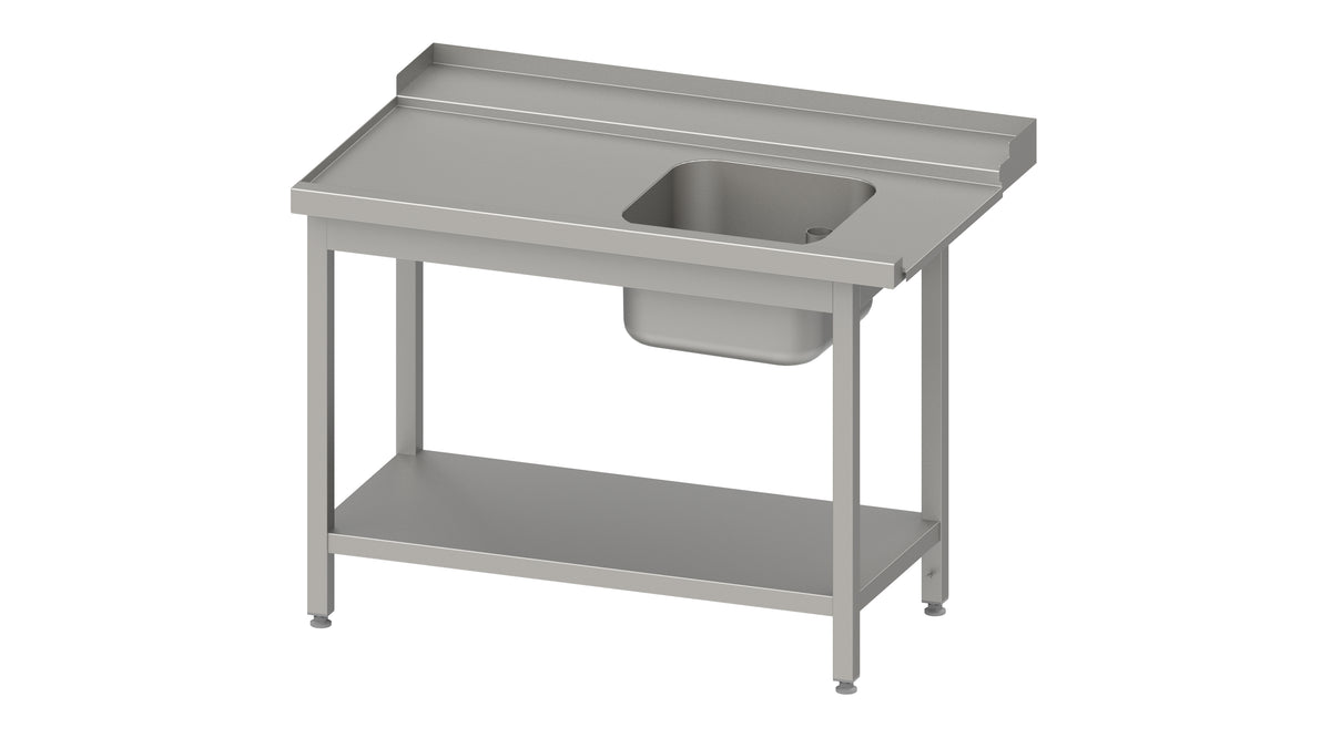Stalgast Zulauftisch, Korbführung mit Gefälle, mit Grundboden und einem Becken 1600x750x880 mm, Anbauseite links, mit Aufkantung, verschweißt