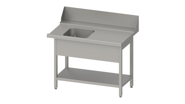 Stalgast Zulauftisch "PRO", Korbführung mit Gefälle, mit Grundboden, mit einem Becken, 800x750x880 mm, Anbauseite rechts, mit Aufkantung 200 mm und Beckenblende, verschweißt