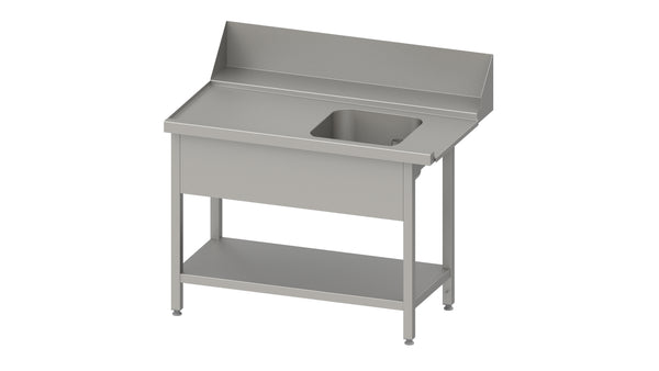 Stalgast Zulauftisch "PRO", Korbführung mit Gefälle, mit Grundboden, mit einem Becken, 1100x750x880 mm, Anbauseite links, mit Aufkantung 200 mm und Beckenblende, verschweißt