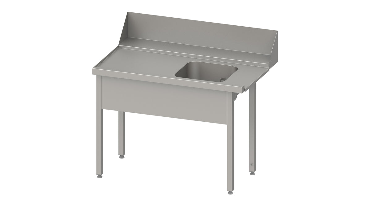 Stalgast Zulauftisch "Pro", Korbführung mit Gefälle, ohne Grundboden mit einem Becken 1600x750x880 mm, Anbauseite links, mit Aufkantung 200 mm und Beckenblende, verschweißt