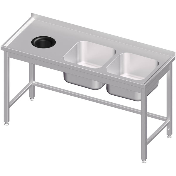 Stalgast Spültisch ohne Grundboden mit Abfallloch 1700x600x850 mm, mit zwei Becken rechts, mit Aufkantung, verschweißt