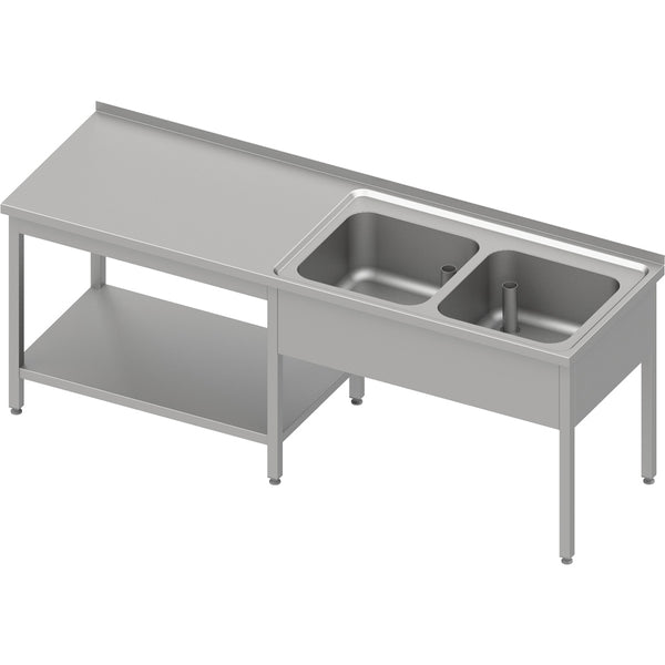 Stalgast Cheftisch mit Grundboden unter der Arbeitsfläche, mit zwei Becken rechts 2500x600x850 mm, mit Aufkantung, verschweißt