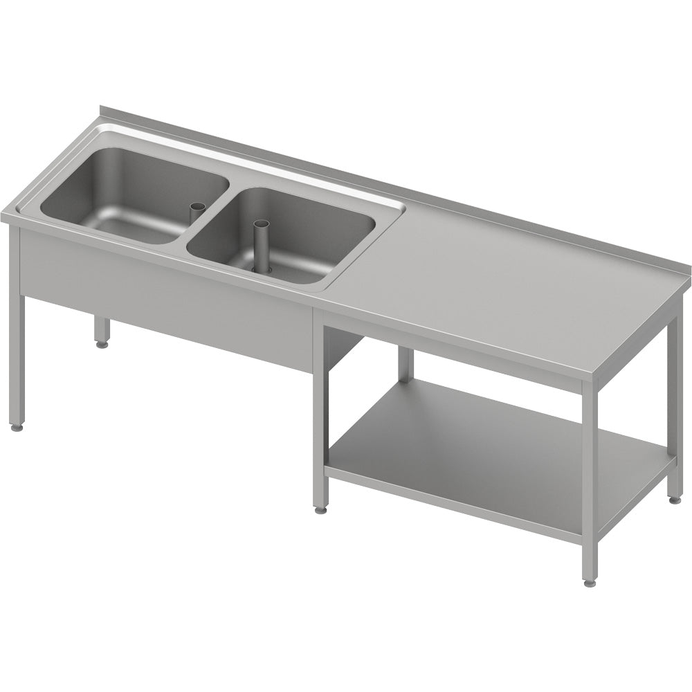 Stalgast Cheftisch mit Grundboden unter der Arbeitsfläche, mit zwei Becken links 2100x600x850 mm, mit Aufkantung, verschweißt
