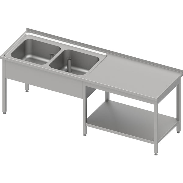 Stalgast Cheftisch mit Grundboden unter der Arbeitsfläche, mit zwei Becken links 2100x600x850 mm, mit Aufkantung, verschweißt