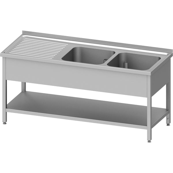 Stalgast Spültisch mit Grundboden 1400x600x850 mm, mit zwei Becken rechts, mit Aufkantung, verschweißt