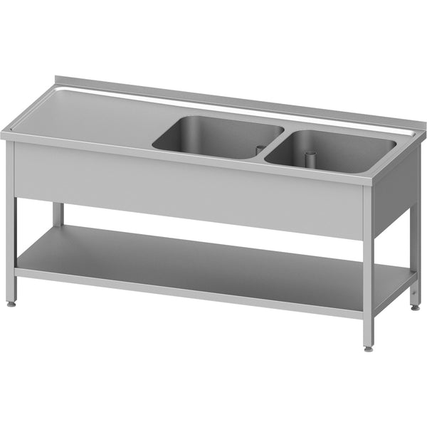 Stalgast Spültisch mit Grundboden 1300x700x850 mm, mit zwei Becken rechts, mit Aufkantung, verschweißt