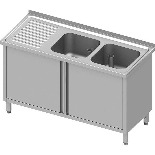 Stalgast Spülschrank mit Flügeltüren 1300x700x850 mm, mit zwei Becken rechts, mit Aufkantung, verschweißt