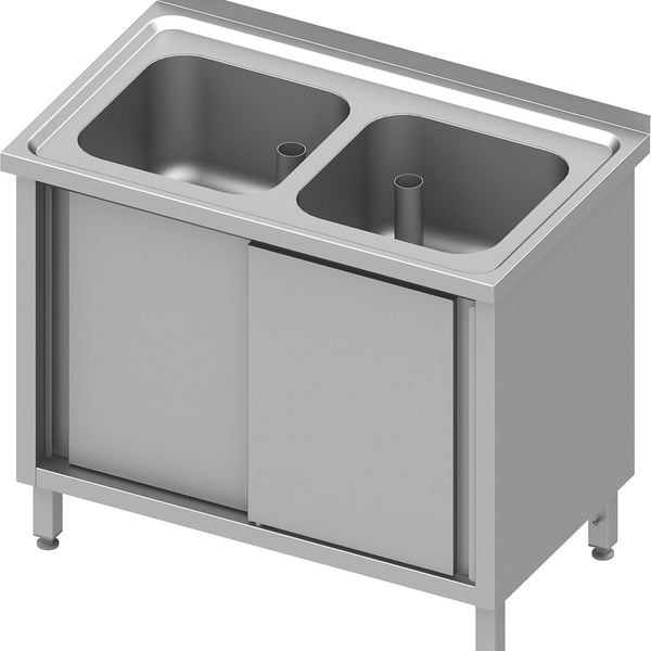 Stalgast Spülschrank mit Schiebetüren 1000x600x850 mm, mit zwei Becken mit Aufkantung, verschweißt