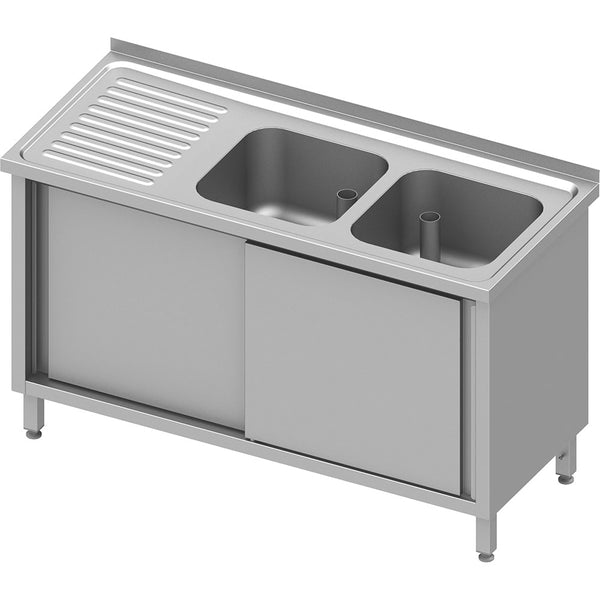 Stalgast Spülschrank mit Schiebetüren 1100x700x850 mm, mit zwei Becken rechts, mit Aufkantung, verschweißt
