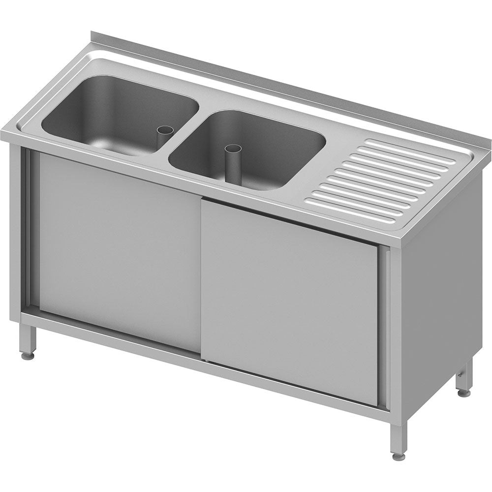 Stalgast Spülschrank mit Schiebetüren 1300x600x850 mm, mit zwei Becken links, mit Aufkantung, verschweißt