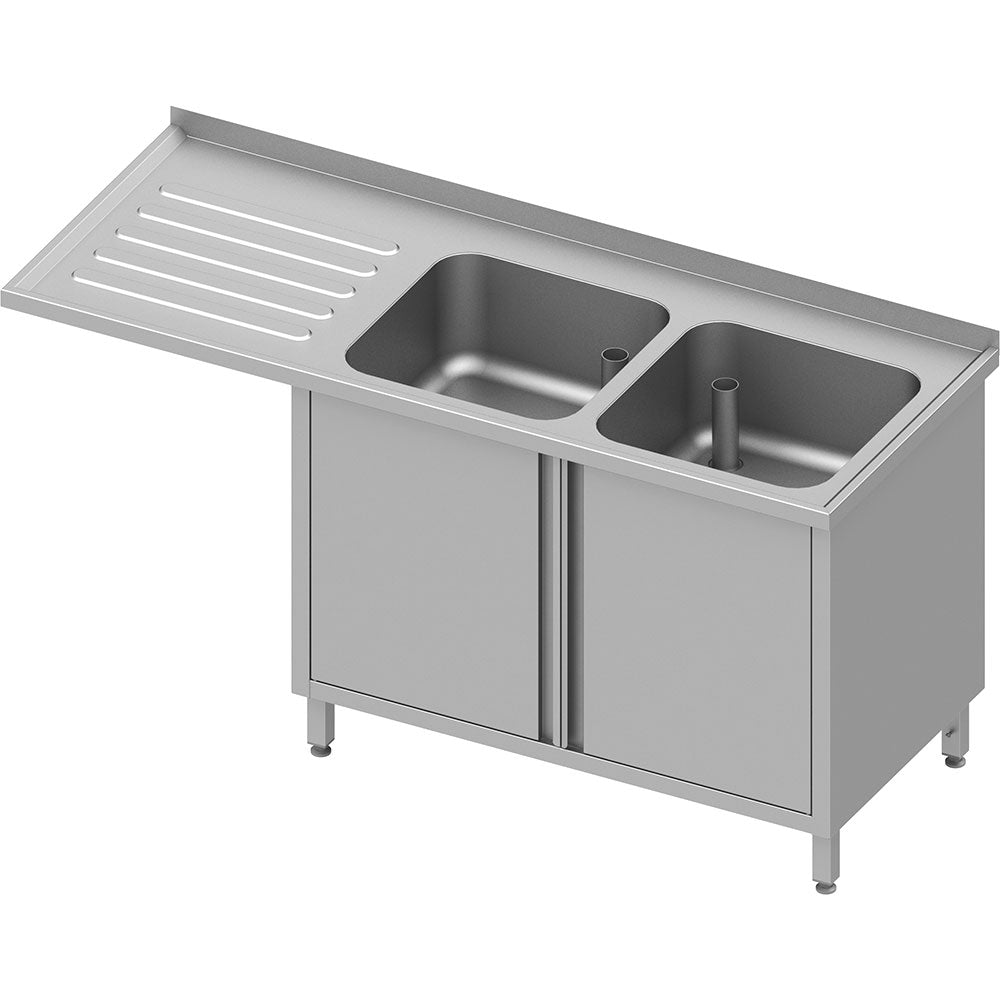Stalgast Spülschrank mit Flügeltüren und Überstand 1600x700x900 mm, mit zwei Becken rechts, mit Aufkantung, verschweißt