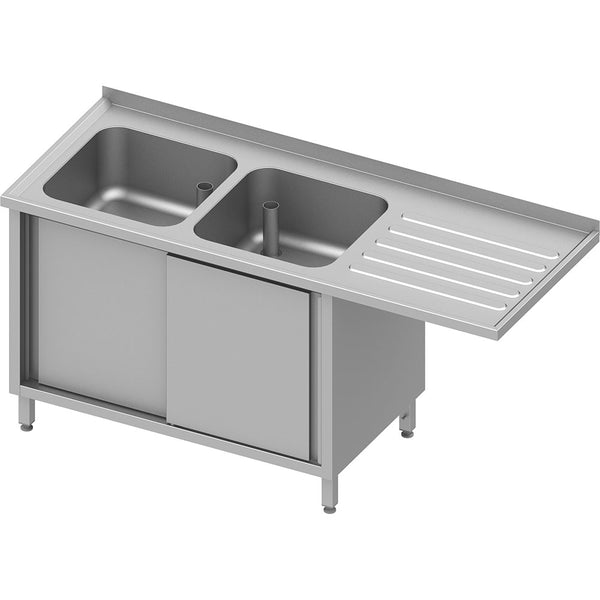 Stalgast Spülschrank mit Schiebetüren und Überstand 1700x700x900 mm, mit zwei Becken links, mit Aufkantung, verschweißt
