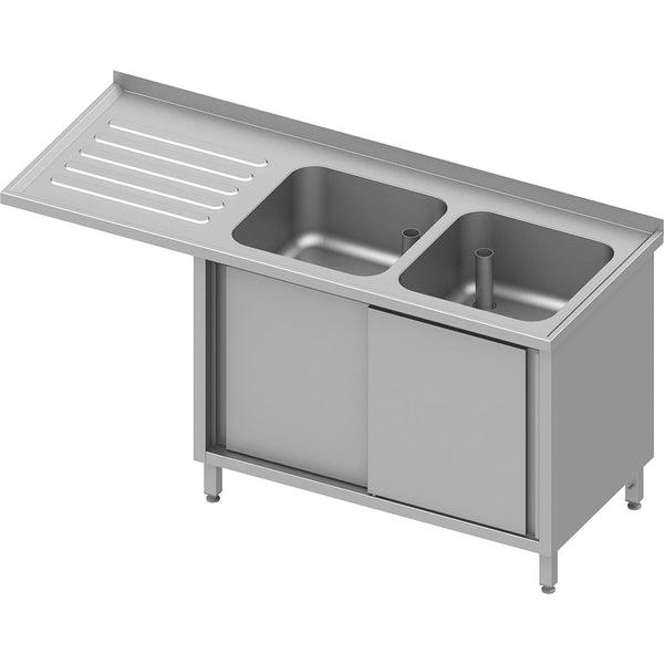Stalgast Spülschrank mit Schiebetüren und Überstand 1800x600x900 mm, mit zwei Becken rechts, mit Aufkantung, verschweißt