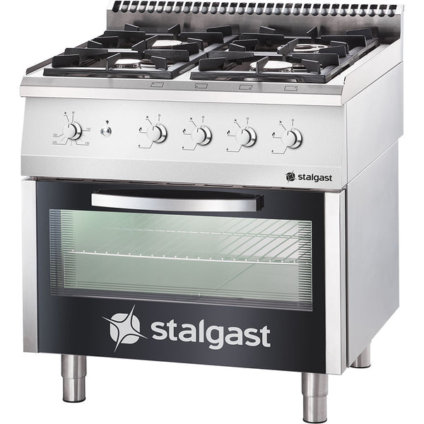 Stalgast Edelstahl Gasherd mit 4 Brennern (3,5+2x5+7) und Gas-Backofen GN2/1, Serie 700 ND