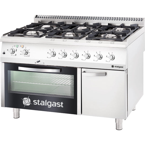 Stalgast Edelstahl Gasherd mit 6 Brennern (3,5+2x5+2x7+9), Gas-Backofen GN2/1 und Unterschrank, Serie 700 ND