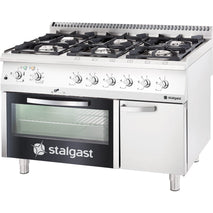 Stalgast Edelstahl Gasherd mit 6 Brennern (3,5+2x5+2x7+9), Gas-Backofen GN2/1 und Unterschrank, Serie 700 ND