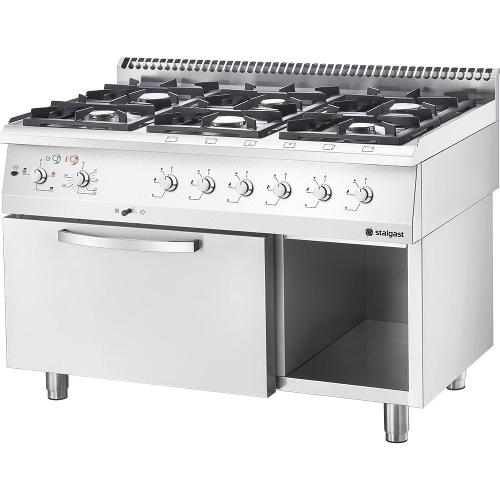 Stalgast Edelstahl Gasherd Basic mit 6 Brennern (3x3,5+3x5), Elektro-Umluft-Backofen GN1/1 und Regalfach, Serie 700 ND