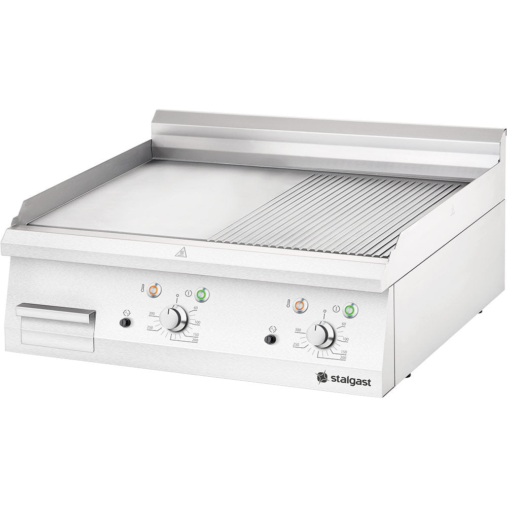 Stalgast Edelstahl Elektro-Griddleplatte als Tischgerät, 800x700 mm, ½ glatte/½ gerillte Grillfläche, Serie 700 ND