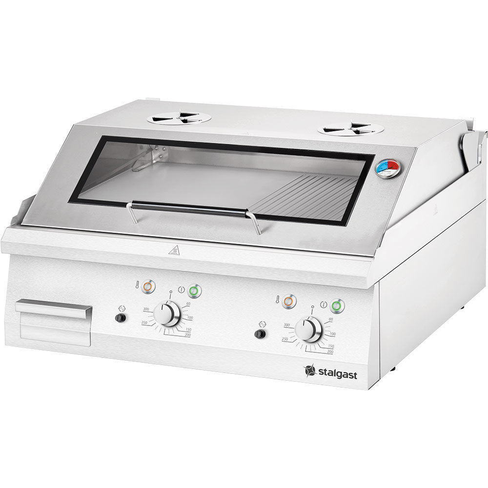 Stalgast Edelstahl Elektro-Griddleplatte als Tischgerät mit Deckel, 800x700 mm, ½ glatte/½ gerillte Grillfläche, Serie 700 ND