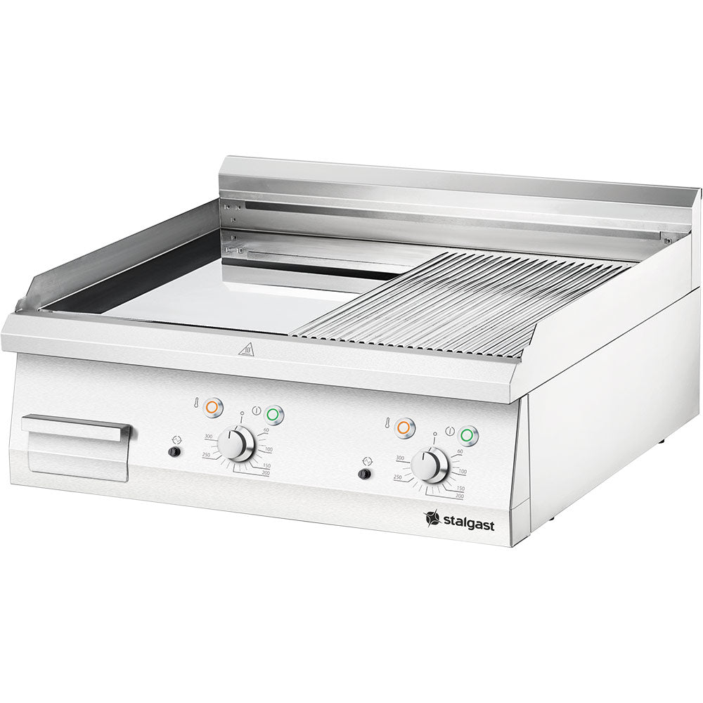 Stalgast verchromte Elektro-Griddleplatte als Tischgerät, 800x700 mm, ½ glatte/½ gerillte Grillfläche, Serie 700 ND