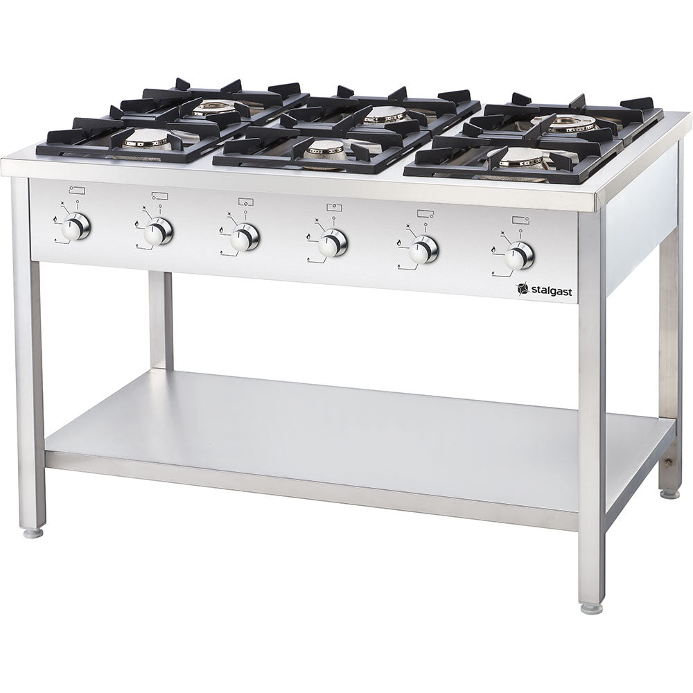 Stalgast Edelstahl Gasherd Serie 700, 6-Brenner (3,5+3x5+2x7), G20, 1200x700x850 mm (BxTxH)