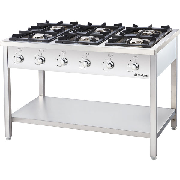 Stalgast Edelstahl Gasherd Serie 900, 6-Brenner (3,5+3x5+2x7), 32,5 kW, G20, 1300x900x850 mm (BxTxH)