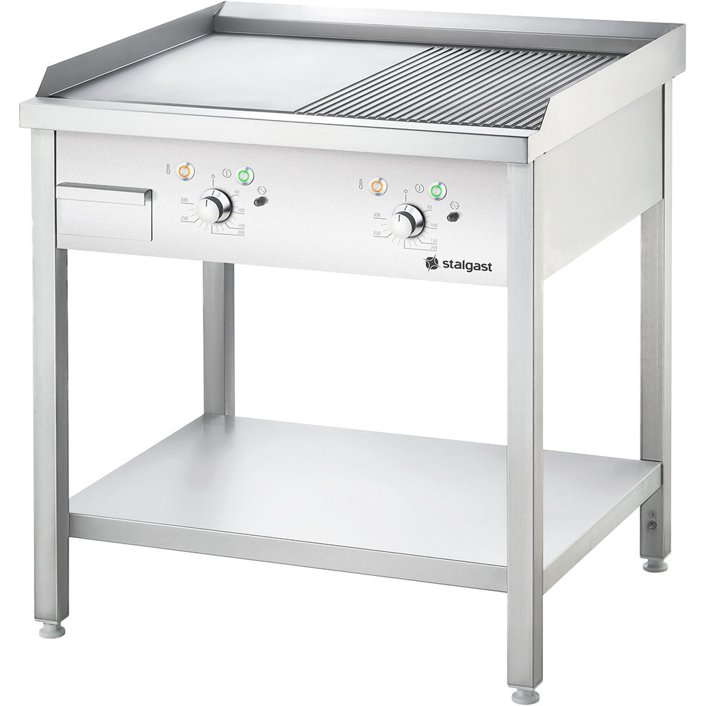 Stalgast Elektro-Griddleplatte als Standgerät - ½ glatt / ½ gerillt, Unterbau offen, 800 x 700 x 850 mm (BxTxH)