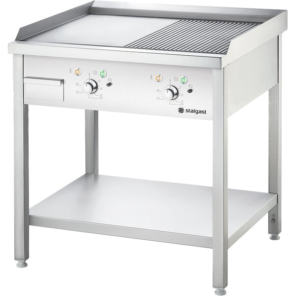 Stalgast Elektro-Griddleplatte als Standgerät - ½ glatt / ½ gerillt, Unterbau offen, 800 x 700 x 850 mm (BxTxH)