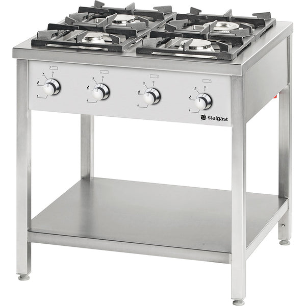 Stalgast Edelstahl Gasherd Serie 900, 4-Brenner (3,5+5+2x7), 22,5 kW, G20, 900x900x850 mm (BxTxH)