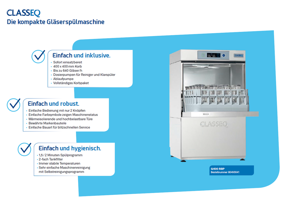 Classeq G400 RBP Gläserspülmaschine Spülmaschine Bistrospülmaschine