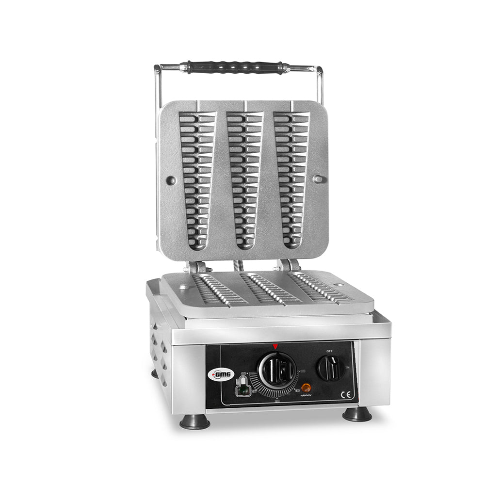 GMG Waffeleisen Waffelino, 3x (23 x 6 x 2,4cm), 50° bis 300°C Feste Backplatte aus Gusseisen, Fettfangrinne, Gehäuse Ede