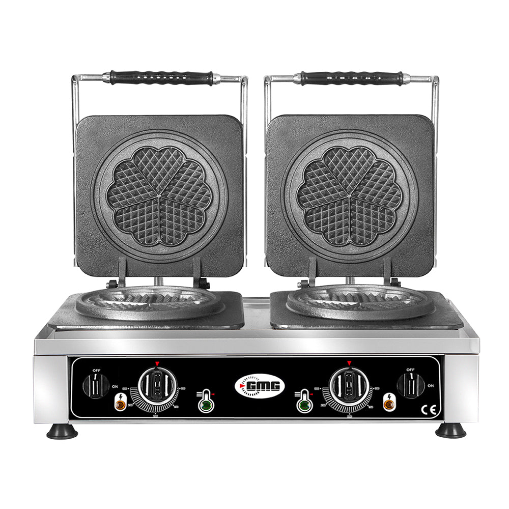 GMG Waffeleisen Amore-M, 2x Ø 17cm, 50° bis 300°C, Feste Backplatte aus Gusseisen, Umlaufende Fettfangrinne, Gehäuse Ede