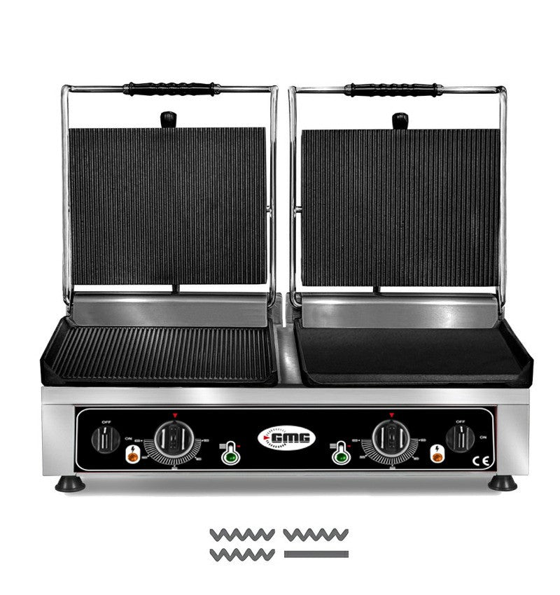GMG Doppel-Kontaktgrill 2 × 36 × 27 cm, oben gerillt, unten glatt und gerillt, Gusseisen