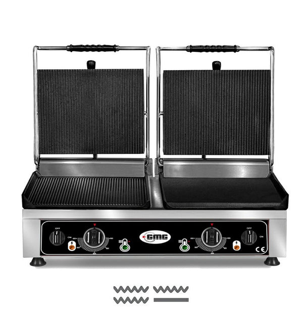 GMG Doppel-Kontaktgrill 2 × 36 × 27 cm, oben gerillt, unten glatt und gerillt, Gusseisen