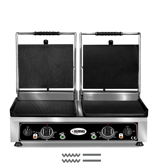 GMG Doppel-Kontaktgrill 2 × 36 × 27 cm, oben und unten gerillt und glatt, Gusseisen