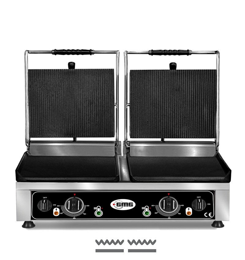 GMG Doppel-Kontaktgrill 2 × 36 × 27 cm, oben gerillt, unten glatt, Gusseisen
