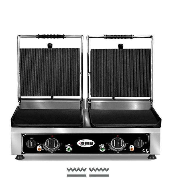GMG Doppel-Kontaktgrill 2 × 36 × 27 cm, oben gerillt, unten glatt, Gusseisen