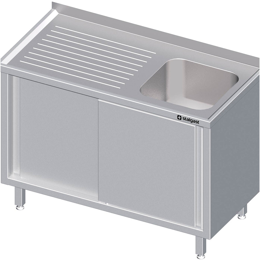 Stalgast Spülschrank mit Schiebetüren 1600x600x850 mm, mit einem Becken rechts, mit Aufkantung, verschweißt