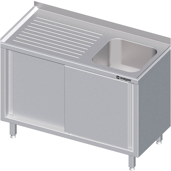 Stalgast Spülschrank mit Schiebetüren 1400x600x850 mm, mit einem Becken rechts, mit Aufkantung, verschweißt
