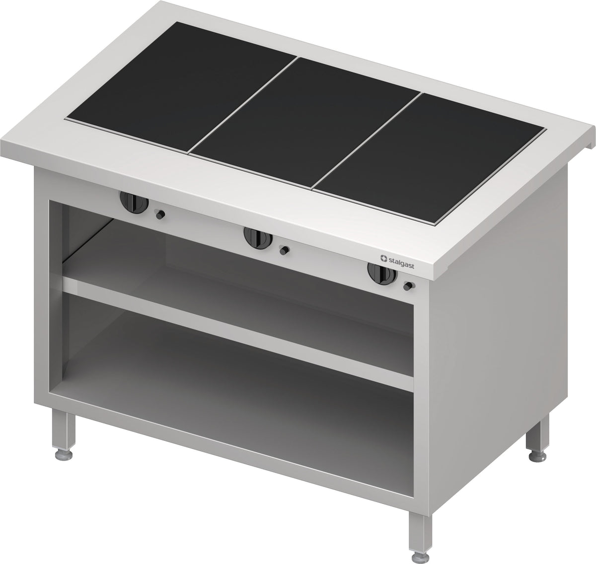Stalgast Warmausgabe "Free Flow" mit 3 Wärmeplatten aus Glaskeramik und offenem Unterschrank 1132x750x880 mm, Edelstahlabdeckung