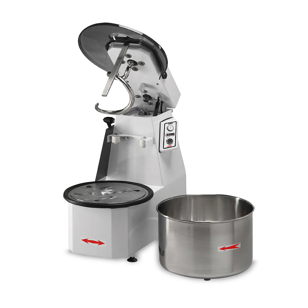 GMG Teigknetmaschine 22Lt. / 18Kg 400V, Hebbarer Kopf und Herausnehmbarer Kessel, Spirale, Teigteiler und Wanne aus Edel
