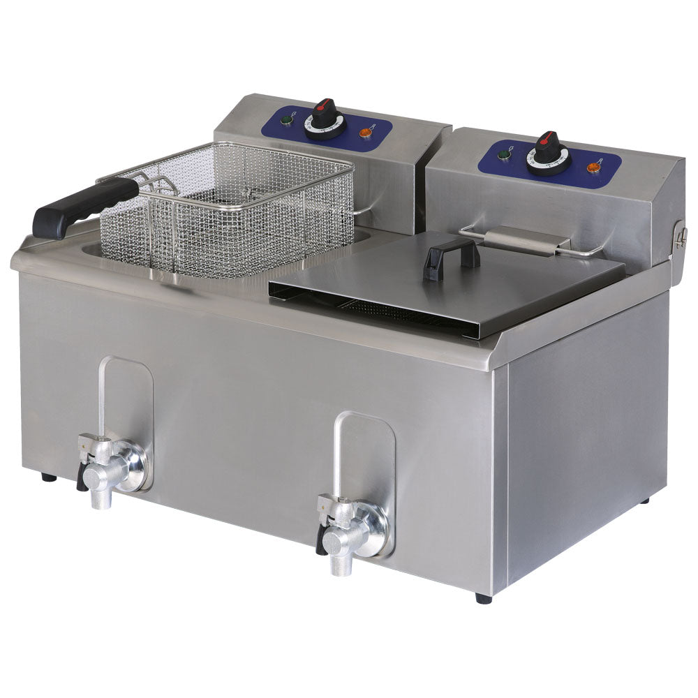 Elektro-Fritteuse mit Ablasshahn, Tischmodell, Ölfassungsvermögen 10+10 Liter