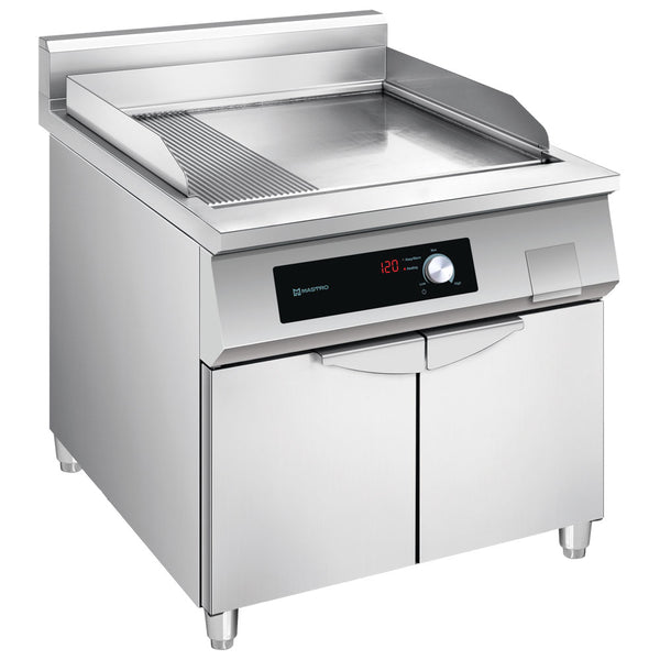 Induktions-Grillplatte 1/3 gerillt und 2/3 glatt auf Unterbau mit Tür