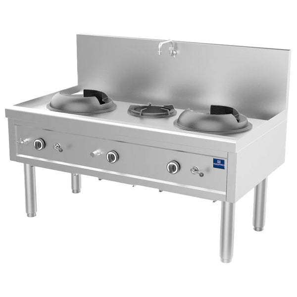 Gas-Wokkochfeld mit 2 Brenner 27,5 kW + 1 Suppenbrenner 9,2 kW, 1 Wasserhahn