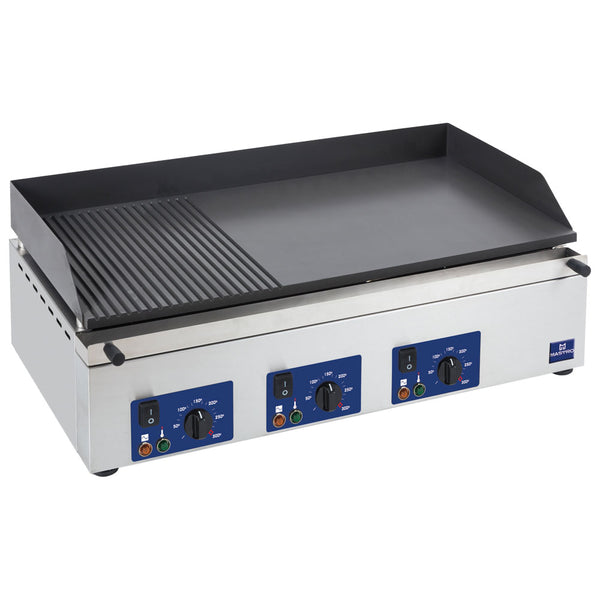 Elektro-Grillplatte mit 3 Grillzones, Tischmodell, 2/3 glatte und 1/3 gerillte Platte