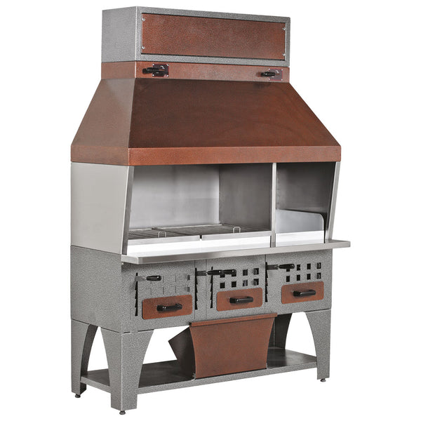 Holzkohlegrill auf Unterschrank mit Ascheschubladen und Abzugshaube, 2 Grillzonen gesamt 1020x530 mm
