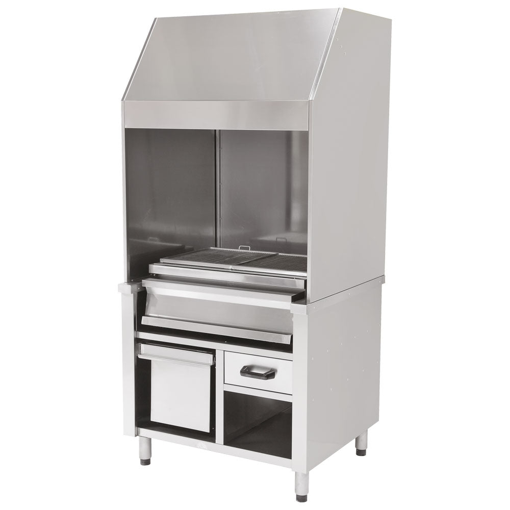 Holzkohlegrill auf Unterschrank mit Ascheschublade und Abzugshaube, 1 Grillzone gesamt 800x600 mm