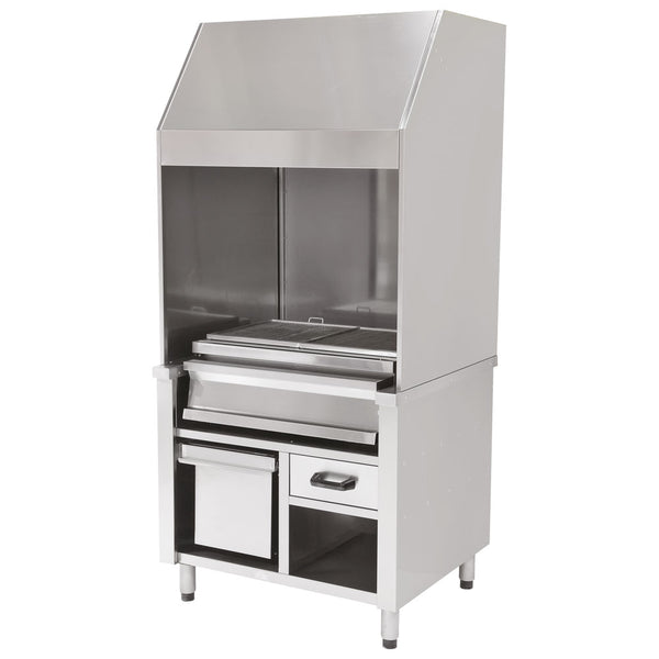 Holzkohlegrill auf Unterschrank mit Ascheschublade und Abzugshaube, 1 Grillzone gesamt 800x600 mm