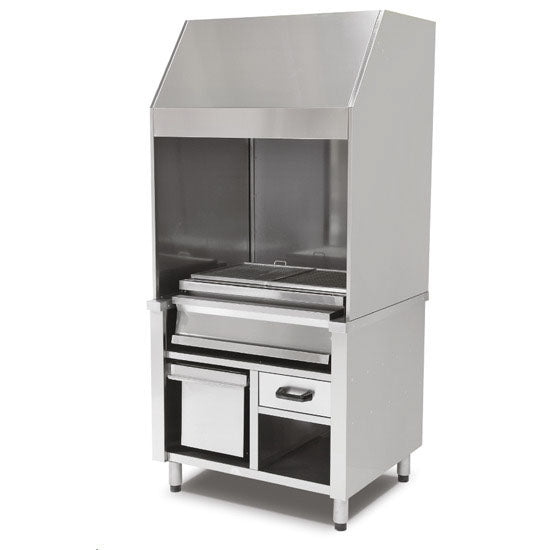 Holzkohlegrill auf Unterschrank mit Ascheschublade und Abzugshaube, 3 Grillzonen gesamt 1600x600 mm