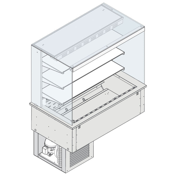 Wandkühlvitrine 3-etagig mit eckiger Verglasung auf Umluft-Kühlwanne, mit Kühlaggregat, 4x GN 1/1